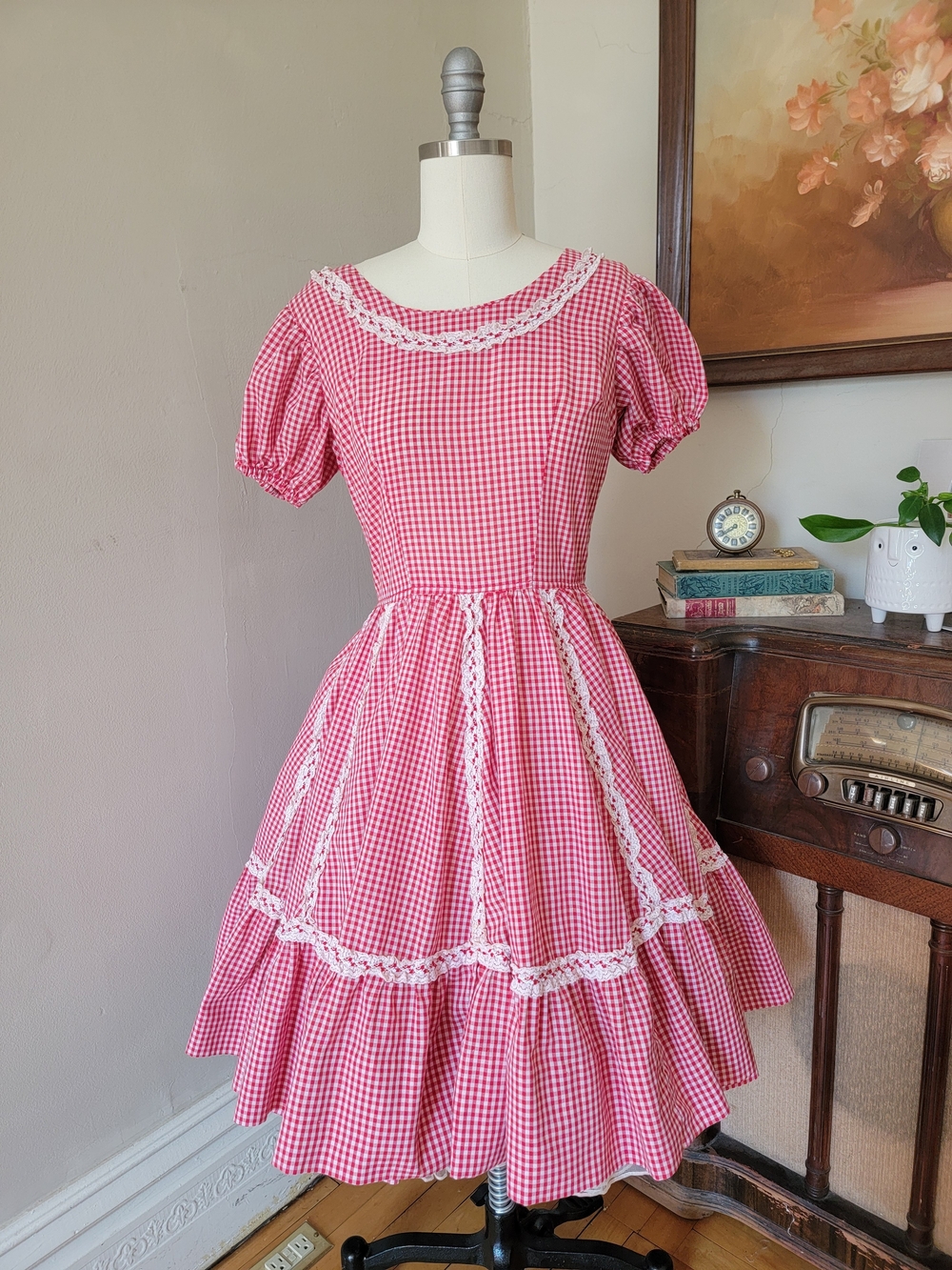 Vintage Western Fashions 1950s Red Gingham Swing Dress Medium